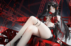 Rule 34 | 1girl, arknights, black hair, black nails, black skirt, bra, breasts, feet out of frame, horns, ines (arknights), large breasts, long hair, looking at viewer, omone hokoma agm, red bra, scaffolding, sitting, skirt, solo, thigh strap, thighs, underwear, very long hair, yellow eyes
