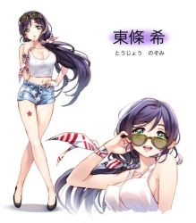 Rule 34 | 10s, 1girl, american flag, breasts, character name, cleavage, eyewear on head, finger to mouth, flag print, green eyes, hand on own hip, high heels, crossed legs, long hair, love live!, love live! school idol project, midriff, navel, ponytail, purple hair, sheska xue, short shorts, shorts, simple background, solo, standing, sunglasses, tank top, tojo nozomi
