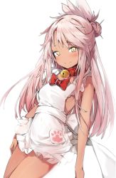 Rule 34 | 1girl, apron, bare arms, bare shoulders, bell, blush, bow, breasts, chloe von einzbern, closed mouth, collar, commentary, cosplay, dark-skinned female, dark skin, fate/kaleid liner prisma illya, fate (series), frilled apron, frills, hair bun, head tilt, highres, jingle bell, long hair, looking at viewer, naked apron, neck bell, pink hair, red bow, red collar, revision, silver (chenwen), simple background, single hair bun, small breasts, smile, solo, tamamo (fate), tamamo cat (fate), tamamo cat (fate) (cosplay), very long hair, white apron, white background, yellow eyes