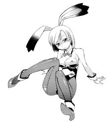 Rule 34 | 1girl, animal ears, ankle cuffs, arm support, bow, bowtie, breasts, breasts out, fake animal ears, fishnet pantyhose, fishnets, greyscale, high heels, highres, monochrome, nipples, original, pantyhose, playboy bunny, rabbit ears, short hair, solo, tonpu, wrist cuffs