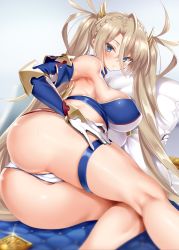 Rule 34 | 1girl, ass, bare shoulders, bikini, blonde hair, blue bikini, blue eyes, blush, bradamante (fate), bradamante (third ascension) (fate), braid, breasts, cle masahiro, cleft of venus, elbow gloves, eyelashes, fate/grand order, fate (series), french braid, gloves, hair between eyes, hand on own hip, highres, hip focus, huge ass, large breasts, long hair, looking at viewer, lying, on bed, on side, pillow, solo, summon ticket (fate), swimsuit, thigh strap, thighs, twintails, two-tone bikini, very long hair, white bikini