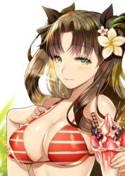 Rule 34 | 1girl, bikini, black hair, black ribbon, blueberry, blush, bracelet, breasts, brown hair, cleavage, dessert, eyelashes, fate/stay night, fate (series), female focus, flower, food, fruit, ganik (pisshine), green eyes, hair flower, hair ornament, hair ribbon, ice cream, jewelry, large breasts, light smile, long hair, looking at viewer, pocky, red bikini, ribbon, smile, solo, sparkle, strawberry, striped bikini, striped clothes, sundae, swimsuit, tohsaka rin, two side up, upper body, wafer stick, white background