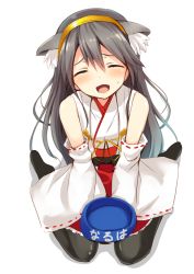 Rule 34 | 10s, 1girl, animal ears, black hair, bowl, cat ears, detached sleeves, closed eyes, hairband, haruna (kancolle), japanese clothes, kantai collection, long hair, natsuki shuri, nontraditional miko, open mouth, pet bowl, sitting, solo, sweatdrop, thighhighs, wariza, wide sleeves