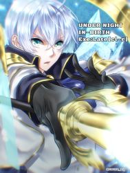 Rule 34 | 1boy, aqua eyes, asagi nanase, black gloves, blue background, blue neckwear, cane, cape, collar, commentary request, copyright name, gloves, hair between eyes, ice, jacket, londrekia light, male focus, pointing weapon, short hair, shoulder pads, solo, under night in-birth, uniform, white hair