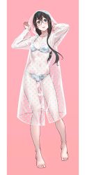 Rule 34 | 1girl, bikini, black hair, collarbone, full body, glasses, green eyes, hairband, highres, hood, hood up, kantai collection, long hair, long sleeves, looking at viewer, navel, ooyodo (kancolle), open mouth, pink background, silver bikini, simple background, solo, standing, stomach, swimsuit, transparent raincoat, yuuji (and)