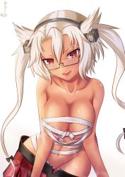 Rule 34 | 10s, 1girl, blush, breasts, brown eyes, budget sarashi, cleavage, clothes pull, dark skin, dark-skinned female, glasses, hair between eyes, head tilt, highres, hoshino aoi (la huynh hai than), kantai collection, large breasts, leaning forward, looking at viewer, musashi (kancolle), navel, no panties, open mouth, sarashi, semi-rimless eyewear, short hair with long locks, signature, skirt, skirt pull, solo, twintails, two side up, under-rim eyewear, white hair