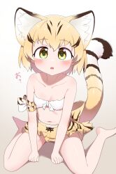 Rule 34 | 1girl, absurdres, armband, back bow, bare shoulders, barefoot, blonde hair, bob cut, bow, breasts, chis (js60216), commentary, front-tie top, highres, kemono friends, looking at viewer, midriff, miniskirt, open mouth, print skirt, sand cat (kemono friends), shadow, shirt, short hair, sitting, skirt, small breasts, solo, strapless, strapless shirt, striped tail, survival friends, tail, torn clothes, torn shirt, translated, wariza, white shirt, yellow bow, yellow eyes, yellow skirt