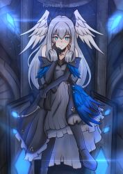 Rule 34 | 1girl, bare shoulders, black dress, blue eyes, chascoby, dress, frilled dress, frills, grey hair, head wings, highres, long hair, looking at viewer, melia antiqua, o-ring, sleeveless, sleeveless dress, solo, wings, xenoblade chronicles (series), xenoblade chronicles 3
