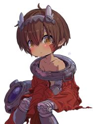 Rule 34 | 1boy, :|, absurdres, android, blush, brown hair, cape, closed mouth, collar, collarbone, commentary request, damaged, facial mark, facial tattoo, fake horns, feet out of frame, green eyes, hair between eyes, helmet, highres, horned helmet, horns, looking at viewer, made in abyss, male focus, mechanical arms, metal collar, metal hairband, naked cape, neck, pointy ears, red cape, regu (made in abyss), robot, sekaineko 001, simple background, sitting, slit pupils, solo, tattoo, topless male, unworn headwear, unworn helmet, v-shaped eyebrows, white background