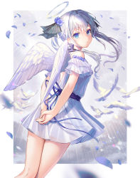 Rule 34 | 1girl, angel, arms behind back, bare legs, bird, blouse, blue eyes, cropped legs, eyebrows hidden by hair, feathered wings, halo, highres, long hair, looking at viewer, looking back, maica sunahara, off shoulder, original, petals, pigeon, shirt, skirt, solo, sunlight, white bird, white hair, wings