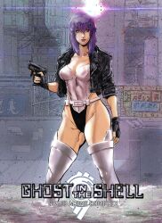 1girl billboard black_gloves building city copyright_name damien_torres fingerless_gloves ghost_in_the_shell gloves gun handgun highleg highleg_leotard highres holding holding_gun holding_weapon kusanagi_motoko leotard looking_at_viewer on_water revealing_clothes scaffolding shallow_water solo standing thighhighs water weapon white_thighhighs wide_hips