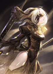 Rule 34 | 1girl, black dress, blindfold, breasts, chain, cleavage, cowboy shot, dress, ecens, from side, highres, katana, medium breasts, nier (series), nier:automata, panties, parted lips, profile, puffy sleeves, side slit, silver hair, solo, sword, underwear, weapon, 2b (nier:automata)