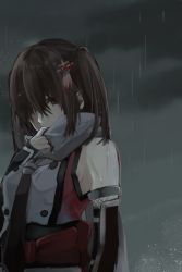 Rule 34 | 1girl, bare shoulders, bracer, brown eyes, brown hair, cloud, cloudy sky, detached sleeves, grey scarf, hair between eyes, hair ornament, hair over one eye, kantai collection, looking at viewer, night, obi, one eye covered, rain, rinto (rint rnt), sash, scarf, scarf over mouth, school uniform, sendai (kancolle), sendai kai ni (kancolle), serafuku, sky, solo, twintails, upper body, vest, wet, wet hair