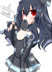 Rule 34 | 1girl, black hair, blush, breasts, cleavage, dressing, fingerless gloves, gloves, handheld game console, highres, legs, long hair, looking at viewer, mouth hold, neptune (series), playstation portable, red eyes, small breasts, solo, thighs, twintails, uni (neptunia)
