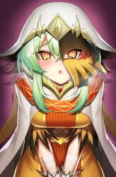 Rule 34 | 1girl, agibe, bandaged arm, bandages, duel monster, green hair, heart, heart-shaped pupils, heavy breathing, highres, hood, hood up, open mouth, orange eyes, prophecy phrase of the colors of the wind, short hair with long locks, short sleeves, solo, sweat, symbol-shaped pupils, tearing up, torn clothes, torn sleeves, yu-gi-oh!, yu-gi-oh! rush duel