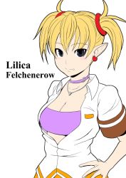 Rule 34 | aq interactive, arcana heart, atlus, blonde hair, blush, breasts, cleavage, examu, fang, lilica felchenerow, pointy ears, school uniform, smile, tomatto (@ma!)
