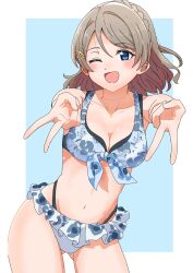 Rule 34 | 1girl, abs, bikini, blue eyes, blush, breasts, brown hair, cleavage, gluteal fold, highres, love live!, love live! sunshine!!, one eye closed, short hair, simple background, smile, solo, stomach, swimsuit, taiyakippassion, thighs, v, watanabe you
