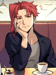 Rule 34 | 1boy, black jacket, brown eyes, ceiling light, closed mouth, coffee mug, couch, cup, elbow on knee, grey shirt, head rest, highres, indoors, jacket, jojo no kimyou na bouken, kakyoin noriaki, kotatsu (g-rough), long sleeves, looking at viewer, male focus, mug, notice lines, open clothes, open jacket, red hair, shirt, sitting, solo, stardust crusaders, tray