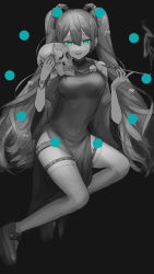 Rule 34 | 1girl, absurdres, bad id, bad pixiv id, black background, clothing cutout, collarbone, floating hair, frilled thighhighs, frills, green eyes, hair between eyes, hashiwo, hatsune miku, highres, holding, holding skull, limited palette, long hair, looking at viewer, nail polish, open mouth, shoulder cutout, side slit, skull, solo, thigh strap, thighhighs, very long hair, vocaloid