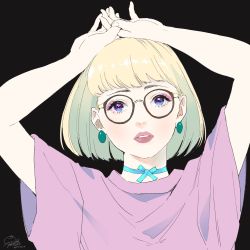 Rule 34 | 1girl, absurdres, arms up, black background, blue choker, blunt bangs, bob cut, choker, dated, earrings, geshumaro, glasses, hands up, highres, jewelry, looking at viewer, original, parted lips, pink shirt, purple eyes, shirt, short sleeves, signature, simple background, solo
