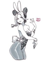 Rule 34 | 1girl, animal ears, bare shoulders, bow, bowtie, braid, braided bun, braided ponytail, breasts, brooch, bug, butterfly, butterfly tattoo, cleavage, cone hair bun, detached collar, double bun, drawing, easter, fake animal ears, greyscale, hair bun, halterneck, highres, insect, jewelry, jojo no kimyou na bouken, kamii momoru, kuujou jolyne, large breasts, leotard, lipstick, long hair, looking at viewer, makeup, midriff, monochrome, navel piercing, pantyhose, piercing, playboy bunny, ponytail, rabbit ears, rabbit tail, simple background, smile, solo, stone ocean, tail, tattoo, white background, wrist cuffs