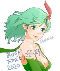 Rule 34 | 1girl, breasts, cleavage, closed mouth, detached sleeves, earrings, final fantasy, final fantasy iv, green eyes, green hair, hair ornament, jewelry, long hair, aged up, rydia (ff4), simple background, solo, white background, yakisake arimasu