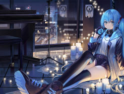 Rule 34 | 1girl, arm support, belt, belt buckle, black footwear, black gloves, black shorts, black thighhighs, blue eyes, blue hair, blush, buckle, building, cable, candle, christmas lights, city, city lights, cityscape, closed mouth, collared shirt, commentary request, gloves, hair between eyes, hair ornament, hand up, hatsune miku, headphones, headphones around neck, holding, hood, hood down, hooded jacket, indoors, instrument, jacket, long hair, long sleeves, looking at viewer, microphone stand, night, night sky, open clothes, open jacket, paper, piano, piano bench, popuru, reclining, reflection, sheet music, shirt, shoes, short shorts, shorts, sidelocks, sky, skyscraper, smile, sneakers, solo, string of light bulbs, thighhighs, twintails, very long hair, vocaloid, white jacket, white shirt, window