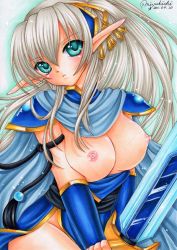 Rule 34 | 1girl, blue eyes, blush, breasts, breasts out, elf, female focus, long hair, looking at viewer, mocomoco party, nipples, original, pointy ears, ponytail, silver hair, solo, sword, weapon