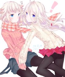 Rule 34 | 2girls, aran sweater, black legwear, blue eyes, cable knit, cevio, commentary request, ia (vocaloid), long hair, multiple girls, one (cevio), pantyhose, pleated skirt, ribbed sweater, scarf, short shorts, shorts, skirt, sleeves past wrists, sotsunaku, sweater, vocaloid, white hair