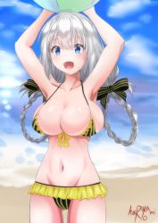 Rule 34 | 1girl, absurdres, armpits, arms up, artist name, ball, beach, beachball, bikini, bikini skirt, blue eyes, blush, bow, braid, breasts, bursting breasts, chibi yawawa, cloud, gluteal fold, hair bow, hair ornament, highres, holding, kizuna akari, large breasts, long hair, looking at viewer, navel, ocean, open mouth, outdoors, sand, silver hair, skindentation, sky, smile, solo, standing, striped bikini, striped clothes, swimsuit, twintails, voiceroid, water