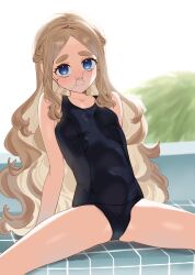 Rule 34 | 1girl, 2l (2lsize), arm support, blonde hair, blue eyes, braid, breasts, eyelashes, glasses, highres, lily (2l), long hair, one-piece swimsuit, original, poolside, school swimsuit, small breasts, spread legs, swimsuit, thick eyebrows, wavy hair