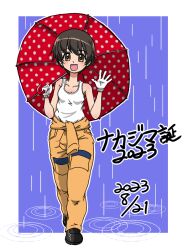 Rule 34 | 1girl, 2023, :d, birthday, black footwear, blue background, brown eyes, brown hair, character name, clothes around waist, commentary, dated, girls und panzer, gloves, holding, holding umbrella, jumpsuit, looking at viewer, mechanic, nakajima (girls und panzer), open mouth, orange jumpsuit, outline, rain, red umbrella, shoes, short hair, smile, solo, standing, takahashi kurage, tank top, translated, umbrella, uniform, waving, white gloves, white outline, white tank top