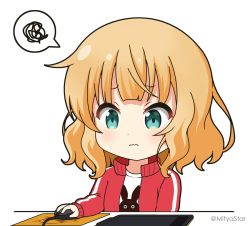 Rule 34 | 1girl, blonde hair, blue eyes, blush, chibi, closed mouth, commentary request, drawing tablet, gochuumon wa usagi desu ka?, jacket, kirima syaro, long hair, long sleeves, mitya, computer mouse, open clothes, open jacket, puffy long sleeves, puffy sleeves, red jacket, shirt, simple background, sleeves past wrists, solo, spoken squiggle, squiggle, twitter username, upper body, wavy mouth, white background, white shirt