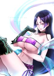 Rule 34 | 1girl, bare shoulders, bikini, blue eyes, breasts, choker, cleavage, collarbone, eyepatch bikini, fate/grand order, fate (series), from side, highres, kigawa rin, large breasts, long hair, looking at viewer, looking to the side, minamoto no raikou (fate), minamoto no raikou (fate/grand order), minamoto no raikou (swimsuit lancer) (fate), minamoto no raikou (swimsuit lancer) (third ascension) (fate), navel, purple bikini, purple hair, shawl, smile, solo, stomach, swimsuit, very long hair