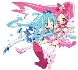 Rule 34 | 10s, 2girls, blue eyes, blue hair, blue skirt, boots, bow, brooch, cure blossom, cure marine, foreshortening, hanasaki tsubomi, heart, heart brooch, heart hands, heart hands duo, heartcatch precure!, ixy, jewelry, knee boots, kurumi erika, long hair, magical girl, multiple girls, pink bow, pink eyes, pink hair, ponytail, precure, skirt, thighhighs, very long hair, white background, white thighhighs