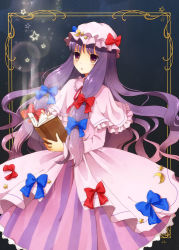 Rule 34 | 1girl, bad id, bad pixiv id, book, bow, brown eyes, capelet, crescent, dress, female focus, hair bow, hat, long hair, open mouth, patchouli knowledge, purple hair, ribbon, solo, star (symbol), touhou, very long hair, yon (letter)