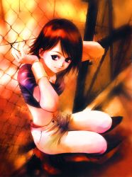 Rule 34 | 1girl, arms up, asuna elmarit, between fingers, boots, breasts, chain-link fence, cleavage, closed mouth, collarbone, crop top, ecole du ciel, fence, from above, full body, gundam, high heel boots, high heels, highres, holding, looking away, looking to the side, mikimoto haruhiko, navel, red footwear, red hair, shadow, short hair, short sleeves, shorts, smile, solo, squatting, stomach, swept bangs, swimsuit, tiles, unbuttoned, v-neck, wristband
