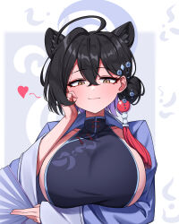 1girl absurdres ahoge animal_ears arm_under_breasts black_hair blue_archive blue_dress breasts brown_eyes china_dress chinese_clothes closed_mouth commentary dress english_commentary gekhuay hair_bun hand_up heart highres huge_breasts kaguya_(blue_archive) looking_at_viewer sideboob smile solo upper_body