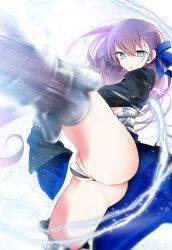Rule 34 | 1girl, armor, armored boots, ass, aura, blue eyes, blue ribbon, blush, boots, breasts, crotch plate, fate/grand order, fate (series), floating hair, hair ribbon, kicking, light particles, long hair, long sleeves, looking at viewer, meltryllis (fate), motion blur, oouso, open mouth, partially visible vulva, purple hair, revealing clothes, ribbon, sidelocks, sleeves past wrists, solo, thighhighs, very long hair