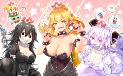 Rule 34 | 4girls, :d, armlet, armpits, black dress, black eyes, black gloves, black hair, black nails, blonde hair, blue eyes, boo (mario), bowsette, bowsette jr., bracelet, breasts, chain, chain leash, chibi, claw pose, cleavage, collar, colored eyelashes, colored tongue, commentary request, crown, dress, earrings, elbow gloves, fingernails, fire, forked eyebrows, frilled dress, frilled gloves, frills, ghost pose, gloves, glowing, glowing eyes, grin, hair between eyes, hands up, highres, horns, in-franchise crossover, jewelry, large breasts, leash, light purple hair, long hair, looking at viewer, luigi&#039;s mansion, mario (series), mini crown, multiple girls, nail polish, new super mario bros. u deluxe, nintendo, open mouth, pointy ears, princess chain chomp, princess king boo, puffy short sleeves, puffy sleeves, purple eyes, purple tongue, sharp teeth, short sleeves, silver hair, smile, spiked armlet, spiked bracelet, spiked collar, spiked shell, spiked tail, spikes, star (symbol), strapless, strapless dress, sukemyon, super crown, tail, tail raised, teeth, tongue, tongue out, turtle shell, very long hair, white dress, white gloves