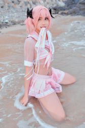 Rule 34 | 1boy, absurdres, astolfo (fate), astolfo (fate) (cosplay), beach, bulge, cosplay, crossdressing, erection, erection under clothes, fate/grand order, fate (series), hair ribbon, heart, heart tattoo, highres, looking at viewer, male focus, mouth hold, no panties, photo (medium), pink hair, pubic tattoo, real life, ribbon, skirt, solo, tattoo, trap, velvetchann, water