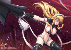 Rule 34 | 1girl, :d, adsouto, bikini, black bikini, black gloves, black thighhighs, blonde hair, blue eyes, blush, breasts, cleavage, elina (queen&#039;s blade), floating hair, frilled bikini, frilled thighhighs, frills, gloves, hair between eyes, highleg, highleg bikini, highres, holding, holding polearm, holding weapon, large breasts, long hair, maid, maid bikini, maid headdress, navel, open mouth, outdoors, polearm, queen&#039;s blade, shiny clothes, shiny legwear, shrug (clothing), sideboob, signature, smile, solo, swimsuit, thighhighs, unconventional maid, very long hair, watermark, weapon, web address