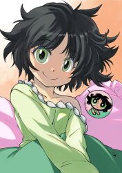 Rule 34 | 1girl, animification, black hair, blanket, buttercup (ppg), buttercup redraw challenge (meme), closed mouth, collarbone, eyelashes, green eyes, green pajamas, highres, long sleeves, meme, messy hair, muramasa mikado, off shoulder, pajamas, parted bangs, powerpuff girls, reference inset, short hair, single bare shoulder, smile, solo, under covers, v arms