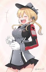 Rule 34 | 1girl, ahenn, black skirt, blonde hair, blush, breasts, closed eyes, cowboy shot, gloves, grey hat, hair between eyes, hat, kantai collection, large breasts, long hair, long sleeves, military, military hat, military uniform, open mouth, peaked cap, pleated skirt, prinz eugen (kancolle), skirt, smile, solo, twitter username, uniform, white gloves