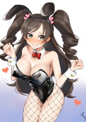 Rule 34 | 1girl, absurdres, animal ears, bare shoulders, blush, bow, bowtie, breasts, brown hair, cleavage, commission, drill hair, embarrassed, fake animal ears, fishnet pantyhose, fishnets, green eyes, hair ornament, heart, highres, idolmaster, idolmaster cinderella girls, large breasts, leotard, long hair, looking at viewer, mabanna, nonomura sora, pantyhose, pixiv commission, playboy bunny, rabbit ears, rabbit tail, solo, tail, wrist cuffs