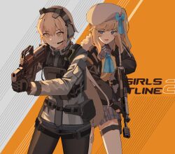 Rule 34 | 2girls, absurdres, aiming, assault rifle, beret, blonde hair, blue eyes, blue ribbon, bulletproof vest, bullpup, commentary, copyright name, counter-strike (series), cowboy shot, ear protection, english commentary, frown, fur collar, gar32, gauze, girls&#039; frontline, girls&#039; frontline 2: exilium, gloves, gun, hair between eyes, hat, highres, holding, holding gun, holding weapon, long sleeves, looking away, magazine (weapon), multiple girls, muzzle device, neck ribbon, open mouth, ots-14 (girls&#039; frontline), ots-14 groza, parody, plaid, plaid skirt, pouch, ribbon, rifle, shirt, short hair, side ponytail, skirt, smoke grenade, standing, striped clothes, striped shirt, tactical clothes, thigh pouch, vepley (girls&#039; frontline 2), vepr-12, vertical foregrip, vest, weapon, white headwear, yellow eyes, yellow vest