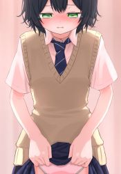 Rule 34 | 1girl, backlighting, black hair, blue necktie, blue skirt, blush, clothes lift, collared shirt, cropped, embarrassed, female focus, flat chest, green eyes, half-closed eyes, highres, leaning forward, lifting own clothes, looking down, miniskirt, necktie, nose blush, open mouth, original, panties, peed self, pink background, pleated skirt, school uniform, shirt, short hair, short sleeves, sidelocks, simple background, skirt, skirt lift, solo, standing, straight-on, striped necktie, sweater vest, tears, underwear, urabe miyabi, vest, wet, wet clothes, wet panties, white panties, white shirt, yellow vest