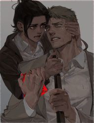 Rule 34 | 1boy, 1girl, age difference, armband, attempted suicide, beard, blonde hair, brown hair, buttons, coat, collared shirt, dress shirt, facial hair, gabi braun, grey background, gun, hand on another&#039;s arm, hand on another&#039;s head, hand on weapon, highres, jacket, long sleeves, looking at another, luguoadeli (maple12031), mustache, open mouth, parted lips, reiner braun, rifle, shingeki no kyojin, shirt, short hair, simple background, single tear, spoilers, tears, teeth, upper body, weapon, white shirt, yellow eyes