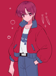 Rule 34 | 1girl, absurdres, bazett fraga mcremitz, closed mouth, collarbone, cowboy shot, earrings, fate/hollow ataraxia, fate (series), grey pants, hair between eyes, hand in pocket, highres, jacket, jewelry, long sleeves, looking at viewer, nayu tundora, open clothes, open jacket, pants, print shirt, red eyes, red hair, red jacket, shirt, short hair, sketch, smile, solo, standing, white shirt
