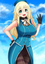Rule 34 | 1girl, absurdres, atago (kancolle), beret, black gloves, black pantyhose, black skirt, blonde hair, blue hat, blue sky, breasts, cloud, cloudy sky, cowboy shot, gloves, green eyes, hair between eyes, hat, highres, kantai collection, large breasts, long hair, looking at viewer, military, military uniform, open clothes, open mouth, outdoors, pantyhose, showgirl skirt, skirt, sky, sleeveless, smile, solo, the only shoe, thighband pantyhose, uniform, vest